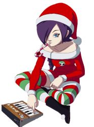 Rule 34 | 1girl, bare shoulders, blue eyes, boots, candy, candy cane, drill hair, food, hair over one eye, hat, highres, purple hair, santa hat, striped legwear, zone-tan
