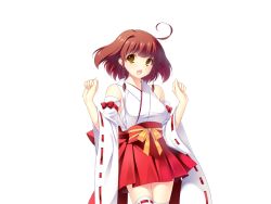 Rule 34 | 1girl, antenna hair, ayase hazuki, braid, breasts, brown hair, game cg, grand cru bourgeois, happy, japanese clothes, large breasts, legs, looking at viewer, miko, momose nonoa, nukidoki!, open mouth, short hair, simple background, skirt, smile, solo, standing, thighs, yellow eyes