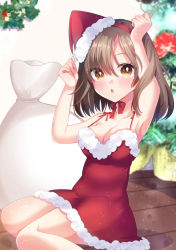 Rule 34 | 1girl, armpits, arms up, bare arms, bare shoulders, breasts, brown eyes, brown hair, christmas, cleavage, clip studio paint (medium), commentary request, dress, fur-trimmed dress, fur-trimmed headwear, fur trim, hair between eyes, hairband, hat, looking at viewer, medium breasts, misaki (misaki86), on floor, original, parted lips, red hairband, sack, santa costume, santa hat, sitting, sleeveless, sleeveless dress, solo, wariza, wooden floor