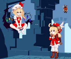 Rule 34 | 2girls, abyss mage (genshin impact), ahoge, ascot, backpack, bag, blonde hair, bloomers, brown footwear, brown gloves, brown scarf, cabbie hat, clover print, coat, commentary request, crossover, finger to mouth, flandre scarlet, floating, flying, flying sweatdrops, full body, genshin impact, gloves, hair between eyes, hat, hat feather, hat ornament, index finger raised, indian style, klee (genshin impact), kneehighs, lazy lucy, long hair, long sleeves, looking at another, looking down, looking up, low twintails, multiple girls, parted lips, pixel art, pocket, pointy ears, puffy short sleeves, puffy sleeves, randoseru, red coat, red eyes, red headwear, scarf, short sleeves, side ponytail, sidelocks, sitting, smile, socks, standing, touhou, trait connection, twintails, underwear, v arms, white legwear, wings