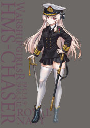 1girl black_bow black_footwear black_jacket black_skirt blonde_hair boots bow breasts character_name chaser_(warship_girls_r) copyright_name full_body hair_bow hand_on_hilt hat high_heel_boots high_heels highres huihuang_rongyao jacket long_hair long_sleeves looking_at_viewer military_uniform miniskirt peaked_cap pleated_skirt red_eyes royal_navy scabbard sheath skirt small_breasts solo standing sword thighhighs very_long_hair warship_girls_r weapon white_thighhighs