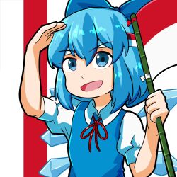 Rule 34 | 1girl, :d, arm up, bamboo, blue eyes, blue hair, bow, cirno, commentary, dress, english commentary, flag, flag print, hair bow, hand up, headband, highres, holding, holding flag, ice, ice wings, indonesian flag, looking at viewer, neck ribbon, open mouth, puffy short sleeves, puffy sleeves, red headband, red ribbon, ribbon, salute, short hair, short sleeves, smile, solo, touhou, upper body, white headband, wing collar, wings, xen0moonz