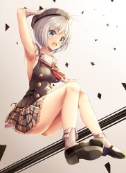Rule 34 | .live, 1girl, absurdres, amagi korona, arm up, armpits, ass, bare shoulders, blue eyes, breasts, dress, hat, highres, looking at viewer, medium breasts, open mouth, shoes, short hair, silver hair, dennou shoujo siro, solo, virtual youtuber