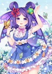 Rule 34 | 1girl, :o, absurdres, arm up, blue dress, bow, bug, butterfly, butterfly on hand, butterfly wings, chuor (chuochuoi), dress, flower, frilled skirt, frills, hair ribbon, hair rings, hand up, head wings, highres, insect, insect wings, kouchousei, looking at viewer, medium hair, onmyoji, outdoors, pink bow, pointy ears, purple eyes, purple hair, ribbon, skirt, standing, striped clothes, striped dress, wings, wristband
