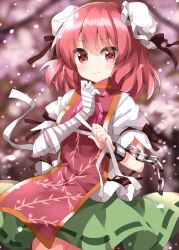 Rule 34 | 1girl, bandaged arm, bandages, blurry, blurry background, blush, branch, breasts, brown ribbon, bun cover, chain, cherry blossoms, closed mouth, double bun, flower, green skirt, hair between eyes, hair bun, hands up, highres, ibaraki kasen, leaf print, looking away, mandarin collar, medium breasts, one-hour drawing challenge, outdoors, petals, pink eyes, pink flower, pink hair, pink rose, pink tabard, puffy short sleeves, puffy sleeves, ribbon, rose, ruu (tksymkw), shirt, short hair, short sleeves, skirt, smile, solo, standing, tabard, touhou, tree, v-shaped eyebrows, white shirt, wrist cuffs