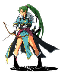 Rule 34 | 1girl, arrow (projectile), boots, bow (weapon), fire emblem, fire emblem: the blazing blade, fire emblem awakening, full body, gloves, green hair, highres, holding, holding weapon, japanese clothes, jewelry, lyn (fire emblem), nechy, nintendo, ponytail, simple background, solo, sword, weapon, white background