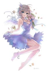 Rule 34 | 10s, 1girl, :d, anastasia (idolmaster), angel wings, anklet, barefoot, blue eyes, dress, flower, full body, hair ornament, idolmaster, idolmaster cinderella girls, jewelry, necklace, open mouth, seozo, short hair, silver hair, simple background, skirt hold, smile, solo, star (symbol), star hair ornament, white background, wings
