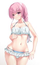 Rule 34 | 1girl, absurdres, belly, bikini, blush, braid, breast padding, breasts, cleavage, frilled bikini, frills, gluteal fold, hair between eyes, hand on own hip, hand on own stomach, highres, looking at viewer, medium breasts, mitsukasa ayase, navel, ncontrail (mgax7527), pink hair, purple eyes, ribbon, riddle joker, single braid, smile, solo, standing, straight hair, swimsuit, thighs, v-shaped eyebrows, white bikini, white ribbon, yuzu-soft
