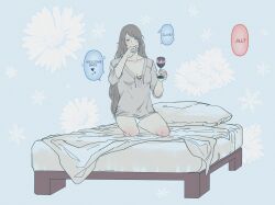 Rule 34 | 1girl, absurdres, alcohol, blue eyes, blush, clive rosfield, covering own mouth, drink, english text, final fantasy, final fantasy xvi, flower, grey hair, grey shirt, highres, jill warrick, no pants, on bed, panties, shirt, solo, underwear, voaleine, white panties, wine
