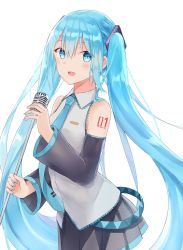 Rule 34 | 1girl, :d, akaya (pixiv20545353), bare shoulders, black skirt, black sleeves, blue eyes, blue hair, blue necktie, blush, collared shirt, commentary request, detached sleeves, hatsune miku, highres, holding, holding microphone, long hair, long sleeves, looking at viewer, microphone, necktie, open mouth, pleated skirt, shirt, simple background, skirt, sleeveless, sleeveless shirt, smile, solo, twintails, very long hair, vocaloid, white background, white shirt, wide sleeves