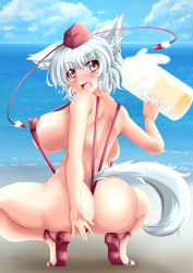 Rule 34 | 1girl, alcohol, animal ear fluff, animal ears, areola slip, arm behind back, ass, backboob, bare legs, beach, beer, beer mug, blush, breasts, cloud, covered erect nipples, cup, day, fang, from behind, gradient background, huge breasts, inubashiri momiji, large breasts, looking at viewer, looking back, mug, ocean, open mouth, open shoes, outdoors, sandals, shoes, short hair, sideboob, sketch, sky, slingshot swimsuit, solo, squatting, strap gap, swimsuit, tail, tears, tiptoes, touhou, white hair, wontam