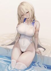 Rule 34 | 1girl, absurdres, arm strap, azur lane, bare shoulders, blonde hair, breasts, collarbone, commission, covered navel, daiiichukiii, finger under clothes, furrowed brow, hair between eyes, head tilt, highleg, highleg swimsuit, highres, hip vent, huge breasts, implacable (azur lane), long hair, looking at viewer, one-piece swimsuit, parted lips, partially submerged, pixiv commission, red eyes, sideboob, sitting, skindentation, solo, swimsuit, taut clothes, taut swimsuit, thick thighs, thighhighs, thighs, very long hair, water, wet, white one-piece swimsuit, white thighhighs