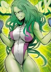 Rule 34 | 1girl, animification, breasts, character name, clenched hands, colored skin, eyebrows, green eyes, green hair, green skin, grin, jennifer walters, jinbei, large breasts, leotard, long hair, marvel, matching hair/eyes, she-hulk, sideboob, smile, solo, thigh gap, thighs