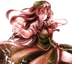 Rule 34 | 1girl, backlighting, bad id, bad pixiv id, braid, fighting stance, grey eyes, hat, hong meiling, jan (lightdragoon), open mouth, puffy short sleeves, puffy sleeves, red hair, shirt, short sleeves, skirt, skirt set, smile, solo, star (symbol), touhou, twin braids, vest