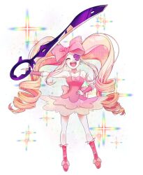 1girl :d back_bow bare_shoulders big_hair blonde_hair boots bow breasts cleavage closed_eyes commentary_request dress drill_hair earrings eyepatch full_body hand_on_own_hip hand_up harime_nui heart heart_earrings holding holding_weapon huge_bow index_finger_raised jewelry jjuap kill_la_kill knee_boots long_hair open_mouth outstretched_arm pink_bow pink_dress pink_footwear pink_nails pink_wrist_cuffs scissor_blade_(kill_la_kill) simple_background smile solo sparkle standing strapless strapless_dress teeth twin_drills upper_teeth_only weapon white_background wrist_cuffs