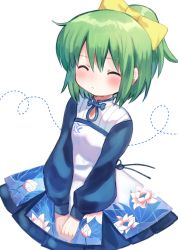 Rule 34 | 1girl, alternate costume, blue dress, blush, bow, closed eyes, closed mouth, cookie (touhou), daiyousei, diyusi (cookie), dotted line, dress, floral print, green hair, hair between eyes, hair bow, long sleeves, looking at viewer, medium hair, ponytail, simple background, solo, touhou, upper body, white background, xox xxxxxx, yellow bow