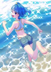 Rule 34 | 1girl, :d, barefoot, beach, blue eyes, blue hair, blue shorts, bow, clenched hands, commentary request, eyelashes, hair bow, hair ornament, happy, high ponytail, high side ponytail, highres, hirogaru sky! precure, looking at viewer, medium hair, open mouth, ponytail, precure, shorts, shrimp1634, side ponytail, smile, solo, sora harewataru, yellow bow