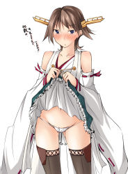Rule 34 | 10s, 1girl, bare shoulders, blue eyes, blush, boots, brown hair, clothes lift, detached sleeves, hairband, hiei (kancolle), highres, japanese clothes, kaminagi (kaminagi-tei), kantai collection, no legwear, nontraditional miko, panties, personification, short hair, skirt, skirt lift, solo, thigh boots, thighhighs, translated, underwear, white panties