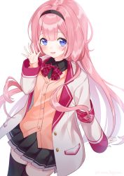 Rule 34 | 1girl, black hairband, black shirt, black skirt, black thighhighs, blazer, blue eyes, brown cardigan, cardigan, collared shirt, commentary request, hairband, hand up, highres, jacket, long hair, long sleeves, looking at viewer, nijisanji, open clothes, open jacket, pink hair, pleated skirt, school uniform, segawa luna, shirt, simple background, skirt, sleeves past wrists, solo, suo sango, thighhighs, very long hair, virtual youtuber, white background, white jacket