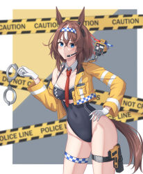 Rule 34 | 1girl, absurdres, animal ears, black leotard, blue eyes, breasts, brown hair, camera, caution tape, closed mouth, collar, commentary request, covered navel, cropped jacket, cuffs, detached collar, gloves, grey background, groin, hair between eyes, hand on own hip, hand up, handcuffs, headset, highres, horse ears, horse girl, horse tail, jacket, leotard, long hair, long sleeves, looking at viewer, medium breasts, multicolored hair, necktie, nixo (gugunico), off shoulder, open clothes, open jacket, original, police, police uniform, policewoman, red necktie, solo, standing, streaked hair, tail, two-tone background, umamusume, uniform, white background, white collar, white gloves, white hair, wing collar, yellow background, yellow jacket