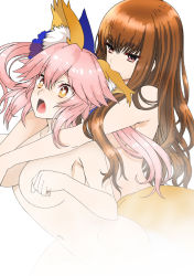 Rule 34 | 10s, 2girls, animal ears, biting, breasts, brown eyes, brown hair, censored, convenient censoring, ear biting, fate/extra, fate/extra ccc, fate (series), heart, heart-shaped pupils, isse, kishinami hakuno (female), large breasts, leaning forward, long hair, multiple girls, navel, nude, open mouth, pink hair, smile, symbol-shaped pupils, tail, tamamo no mae (fate/extra), upper body, yellow eyes, yuri