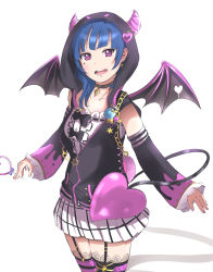 Rule 34 | 1girl, artist name, artist request, black bow, black bowtie, black vest, blue hair, blush, boots, bow, bowtie, candy, chain, collarbone, demon hood, demon horns, demon tail, demon wings, detached sleeves, earrings, facial mark, female focus, food, garter straps, glint, gold chain, hair bun, heart, heart-shaped lollipop, high heel boots, high heels, highres, holding, holding candy, holding food, holding lollipop, hood, hood up, hooded vest, hoodie, horns, jewelry, lace, lace-trimmed legwear, lace trim, lollipop, long hair, looking at viewer, love live!, love live! school idol festival, love live! school idol festival all stars, love live! sunshine!!, miniskirt, nail polish, pink nails, pink thighhighs, pixiv id 39293806, plaid, plaid skirt, purple eyes, shaped lollipop, single hair bun, skirt, smile, solo, star (symbol), star earrings, striped clothes, striped thighhighs, tail, thighhighs, tsushima yoshiko, vest, white background, white skirt, wings