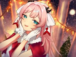 Rule 34 | 1girl, alternate costume, aqua eyes, ascot, atelier live, capelet, christmas, commentary, cres, dragon girl, dragon horns, english commentary, fang, gloves, hands on own face, highres, horns, kuzuryu io, looking at viewer, looking up, open mouth, pink hair, red ascot, solo, virtual youtuber, white gloves