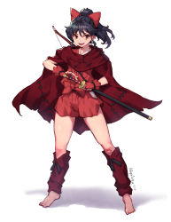 Rule 34 | 1girl, absurdres, barefoot, black hair, bow, bow (weapon), brown eyes, fang, fighting stance, fingerless gloves, gloves, han&#039;you no yashahime, highres, holding, holding sword, holding weapon, inuyasha, mar10, moroha (inuyasha), open mouth, ponytail, ready to draw, red bow, red gloves, solo, sword, v-shaped eyebrows, weapon