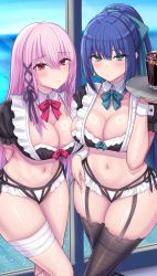 Rule 34 | 2girls, :/, alternate hairstyle, aqua bow, aqua bowtie, aqua eyes, arms behind back, bandaged leg, bandages, bikini, black bikini, black ribbon, black thighhighs, blue hair, blue sky, blunt bangs, blush, bow, bow bikini, bowtie, breasts, chin gero, cleavage, closed mouth, collarbone, commentary request, cup, detached collar, drink, drinking glass, earrings, engage kiss, feet out of frame, frilled bikini, frilled sleeves, frills, garter straps, glint, groin, hair between eyes, hair bow, hair ornament, hair ribbon, hand on own hip, hand up, highres, holding, holding tray, horizon, ice, ice cube, indoors, jewelry, kisara (engage kiss), large breasts, long hair, looking at viewer, maid, maid bikini, multi-strapped bikini bottom, multiple girls, navel, ocean, pink hair, pony (animal), puffy short sleeves, puffy sleeves, red bow, red bowtie, red eyes, ribbon, short sleeves, side-by-side, side-tie bikini bottom, sky, standing, stomach, swimsuit, thighhighs, tray, two-tone bikini, unconventional maid, very long hair, white bikini, wrist cuffs, x hair ornament, yuugiri ayano