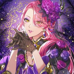 Rule 34 | 1boy, commentary, crossdressing, earrings, english commentary, eyeshadow, gloves, hanayura kanon, indie virtual youtuber, jewelry, lace, lace gloves, long hair, makeup, male focus, matsurika youko, pink hair, pink lips, purple eyeshadow, solo, trap, virtual youtuber, yellow eyes