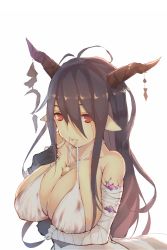 Rule 34 | 10s, 1girl, antenna hair, bandaged arm, bare shoulders, black gloves, black hair, blood, blood on clothes, breasts, cleavage, collarbone, danua, draph, dress, covered erect nipples, finger to mouth, fingerless gloves, foodtoyc, gloves, granblue fantasy, hair between eyes, highres, horn ornament, horns, large breasts, long hair, looking at viewer, mouth hold, pointy ears, red eyes, sleeveless, sleeveless dress, solo, upper body, white dress
