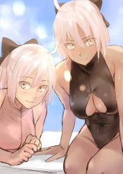 Rule 34 | 2girls, ahoge, black bow, black one-piece swimsuit, blue sky, bow, cleavage cutout, closed mouth, clothing cutout, commentary request, competition swimsuit, dark-skinned female, dark skin, day, dripping, fate/grand order, fate (series), front zipper swimsuit, hair between eyes, hair bow, highres, kilye kairi, meme attire, multiple girls, okita souji (fate), okita souji (koha-ace), okita souji alter (fate), one-piece swimsuit, pink one-piece swimsuit, sky, sweat, swimsuit