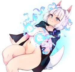 Rule 34 | 1girl, animal ear fluff, animal ears, blunt bangs, breasts, cape, closed mouth, commentary, dutch angle, english commentary, fox ears, fox tail, green eyes, hand up, highres, invisible chair, large breasts, magic, medium hair, naked cape, original, sitting, slugbox, smile, solo, tail, white background, white hair
