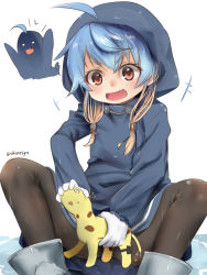 Rule 34 | 1girl, :d, ahoge, akino shuu, arms up, blue hair, blush, boots, brown hair, brown pantyhose, commentary request, fang, gloves, gradient hair, grey footwear, hair between eyes, holding, hood, hood up, kantai collection, long sleeves, multicolored hair, open mouth, pantyhose, puffy long sleeves, puffy sleeves, rain, raincoat, red eyes, rubber boots, sado (kancolle), smile, spread legs, twitter username, water, white background, white gloves