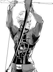 Rule 34 | 1boy, archer (fate), archery, arrow (projectile), bow (weapon), dark-skinned male, dark skin, drawing bow, fate/stay night, fate (series), greyscale, holding, holding arrow, holding bow (weapon), holding weapon, kyuudou, male focus, monochrome, solo, weapon