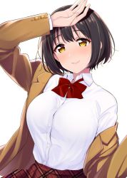 Rule 34 | 1girl, black hair, blazer, blush, bow, breasts, closed mouth, collared shirt, commentary request, idolmaster, idolmaster cinderella girls, jacket, large breasts, long sleeves, looking at viewer, plaid, plaid skirt, red bow, red neckwear, shirt, shirt tucked in, short hair, simple background, skirt, smile, solo, takafuji kako, tokita arumi, white background, white shirt, yellow eyes