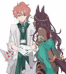 Rule 34 | 1boy, 1girl, animal ears, ass, character request, closed mouth, dark-skinned female, dark skin, ebanoniwa, eye contact, fate/grand order, fate (series), flying sweatdrops, fou (fate), from side, gloves, green eyes, id card, lab coat, lanyard, long hair, long sleeves, looking at another, ponytail, purple hair, queen of sheba (fate), romani archaman, simple background, tail, white background, white gloves, wide-eyed