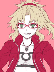 Rule 34 | 1girl, bespectacled, blonde hair, braid, breasts, collarbone, fate/apocrypha, fate (series), female focus, glasses, green eyes, grin, hair ornament, hair scrunchie, highres, jacket, long hair, looking at viewer, mordred (fate), mordred (fate/apocrypha), mordred (memories at trifas) (fate), open clothes, open jacket, parted bangs, partially colored, pink background, ponytail, red-framed eyewear, red jacket, red scrunchie, scrunchie, simple background, small breasts, smile, solo, tachitsu teto, upper body