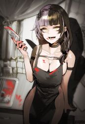 Rule 34 | 1girl, absurdres, apron, azisugito, black hair, blood, blood on breasts, blood on face, bloody knife, breasts, choker, cleavage, commentary, english commentary, glint, hair in own mouth, highres, holding, holding knife, hololive, hololive english, indoors, jewelry, kitchen, knife, large breasts, long hair, looking at viewer, multicolored hair, nail polish, naked apron, on counter, open mouth, ring, shiori novella, sink, solo, split-color hair, virtual youtuber, yellow eyes