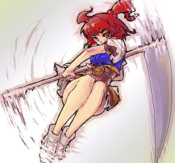 Rule 34 | 1girl, bob cut, female focus, gradient background, hair bobbles, hair ornament, henreki san, legs, onozuka komachi, red eyes, red hair, scythe, shoes, short hair, short twintails, skirt, solo, spinning, touhou, twintails, two side up, white background