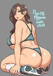 Rule 34 | 1girl, :o, agawa ryou, aqua eyes, artist name, ass, breasts, brown hair, from behind, green sports bra, grey background, hair over one eye, huge breasts, long hair, open mouth, original, shoes, sideboob, sitting, sneakers, solo, sports bra, thighs, thong, underboob, wariza, white legwear