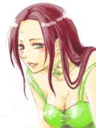 Rule 34 | 1girl, arc the lad, arc the lad ii, blush, breasts, brown hair, choker, cleavage, female focus, green eyes, long hair, sania, simple background, smile, solo, white background