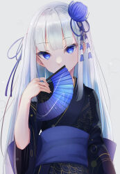 Rule 34 | 1girl, blue eyes, covering own mouth, folding fan, hair ornament, hair ribbon, hand fan, head tilt, highres, holding, holding fan, japanese clothes, kimono, long hair, looking at viewer, obi, original, ribbon, sash, shin insh, simple background, solo, white background, white hair, wide sleeves