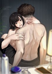 Rule 34 | 1boy, 1girl, bags under eyes, black hair, black nails, black pants, blurry, blurry foreground, cellphone, charging, clothed male nude female, daikon (tomohiro158), grin, hetero, highres, lamp, looking at viewer, medium hair, nail polish, nude, on bed, original, pants, phone, short hair, smartphone, smile, topless male, undercut
