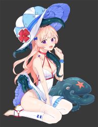 Rule 34 | 1girl, :d, between legs, blue bow, blue hat, blush, bow, braid, breasts, choker, covered navel, dress, from side, gg dal, grey background, hair bow, hand between legs, hand up, hat, highres, long hair, looking at viewer, medium breasts, octopus, open mouth, original, pink hair, purple eyes, red choker, short dress, simple background, sitting, smile, solo, tentacles, tentacles under clothes, toeless footwear, white dress, wristband