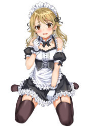 Rule 34 | 1girl, apron, bare shoulders, black dress, black thighhighs, blonde hair, blush, breasts, brown eyes, dress, earrings, frilled apron, frills, full body, highres, idolmaster, idolmaster cinderella girls, jewelry, light brown hair, looking at viewer, maid, maid headdress, morikubo nono, open mouth, seiza, short sleeves, simple background, sirurabbit, sitting, small breasts, solo, thighhighs, thighs, wavy mouth, white apron, white background, wrist cuffs
