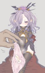 Rule 34 | 10s, 1girl, animal print, arms behind back, black thighhighs, blurry, blush, cape, clothes theft, clothing cutout, depth of field, granblue fantasy, hair ornament, hair stick, harvin, highres, holding, holding clothes, holding panties, holding underwear, humiliation, long hair, male hand, navel cutout, niyon (granblue fantasy), panties, unworn panties, pink eyes, pink panties, print panties, purple hair, rabbit panties, rabbit print, sitting, solo focus, star (symbol), theft, thighhighs, trembling, ubyuki, underwear, underwear theft