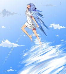 Rule 34 | 1girl, aircraft, airplane, alternate costume, bad id, bad pixiv id, barefoot, bird, blue hair, blush, bottomless, bow, cirno, cloud, contrail, day, flying, hair bow, highres, ice, ice wings, jont, no pants, no shoes, short hair, sky, smile, solo, touhou, wings