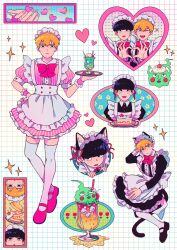 Rule 34 | 2boys, alternate costume, animal ears, apron, black dress, black footwear, black hair, blonde hair, cake, cake slice, cat boy, cat ears, cat tail, closed mouth, cm wm, commentary, crossdressing, cup, dress, drinking glass, ekubo (mob psycho 100), enmaided, food, food on head, frilled apron, frilled dress, frills, grid background, heart, heart hands, heart hands duo, highres, holding, holding food, holding tray, kageyama shigeo, kemonomimi mode, long sleeves, looking at viewer, maid, maid apron, maid headdress, male focus, mob psycho 100, multiple boys, multiple views, object on head, one eye closed, open mouth, pink dress, pink footwear, pink nails, puffy short sleeves, puffy sleeves, reigen arataka, short hair, short sleeves, simple background, smile, spirit, standing, symbol-only commentary, tail, thighhighs, tray, white background, white thighhighs