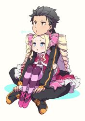 Rule 34 | 1boy, 1girl, age difference, beatrice (re:zero), black hair, blonde hair, blue eyes, brown eyes, butterfly-shaped pupils, chestnut mouth, drill hair, hair ribbon, long hair, natsuki subaru, open mouth, pantyhose, re:zero kara hajimeru isekai seikatsu, ribbon, short hair, sidelocks, simple background, sitting, sitting on person, striped clothes, striped legwear, striped pantyhose, symbol-shaped pupils, teenage boy and younger girl, track suit, twin drills, white background, yomo (rb crr)